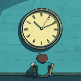 A man sitting in front of a giant clock, wondering why procrastination is bad