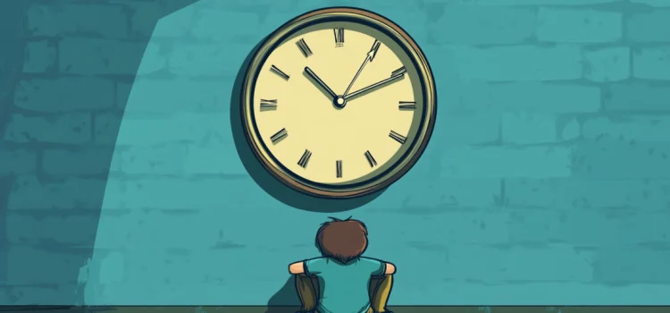 A man sitting in front of a giant clock, wondering why procrastination is bad