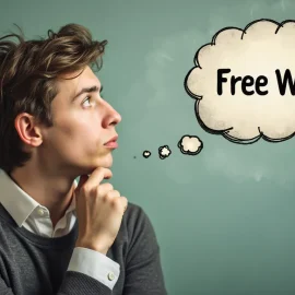 A thinking young man with a thought bubble that says "Free Will?" inside of it illustrates theories of free will