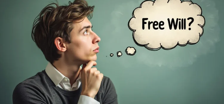 A thinking young man with a thought bubble that says "Free Will?" inside of it illustrates theories of free will