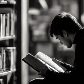 A man reading a book in a library