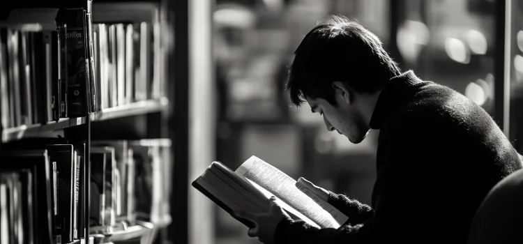 A man reading a book in a library