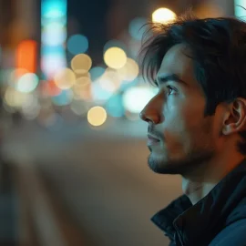 A nighttime scene with city lights in the background and a profile of a young man considering a world with no consequences