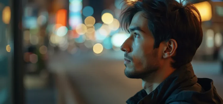 A nighttime scene with city lights in the background and a profile of a young man considering a world with no consequences