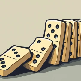 Dominoes in a row with the first ones starting to fall, depicting the domino effect and Robert Sapolsky's determinism theory