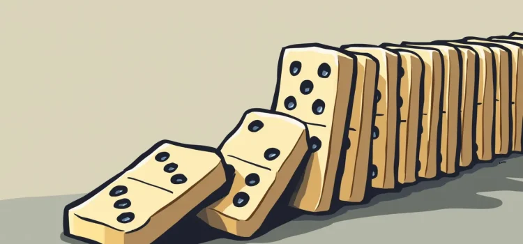 Dominoes in a row with the first ones starting to fall, depicting the domino effect and Robert Sapolsky's determinism theory