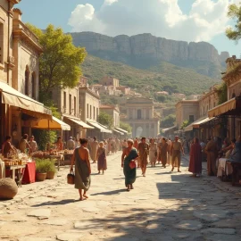 People walking around in a marketplace in ancient Greece illustrates Plato's view of democracy