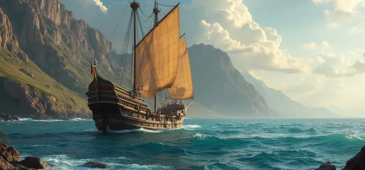 An ancient Greek ship in the blue waters off a rocky coast illustrates Plato’s ship allegory