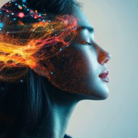 a profile of a woman with her eyes closed with digital connections swirling near her head depicts what the right brain does