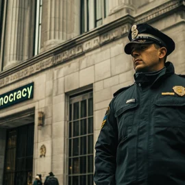 a security guard in front of a large granite building labeled "Democracy" illustrates how to protect democracy