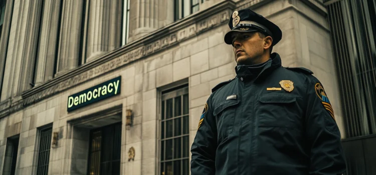 a security guard in front of a large granite building labeled "Democracy" illustrates how to protect democracy