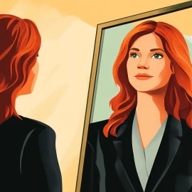 A woman embracing self-leadership and looking confidently at herself in the mirror