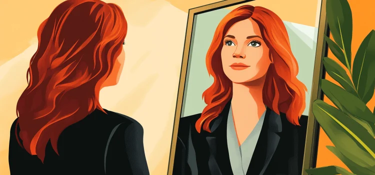 A woman embracing self-leadership and looking confidently at herself in the mirror