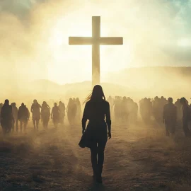 A woman who exhibits servant leadership in Christianity, facing a cross with a group of people