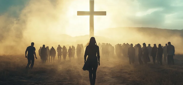 A woman who exhibits servant leadership in Christianity, facing a cross with a group of people