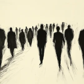 a black and white drawing of people from the back walking in the same direction illustrates what causes mass movements