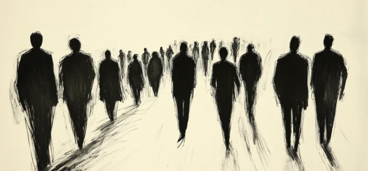 a black and white drawing of people from the back walking in the same direction illustrates what causes mass movements