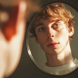 the reflection of a young man in a mirror illustrates contemplation of the self in Western thought