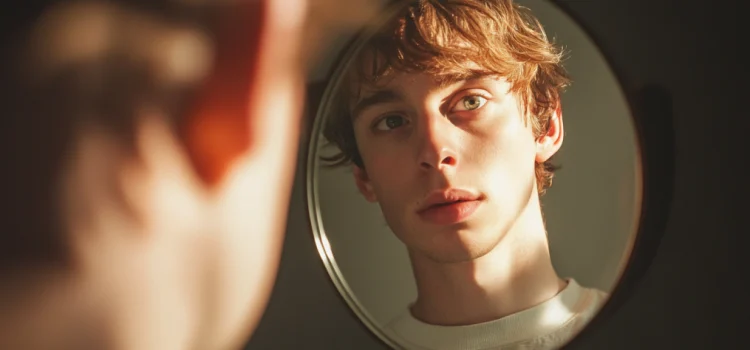 the reflection of a young man in a mirror illustrates contemplation of the self in Western thought