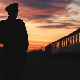 a silhouette of a Nazi officer watches as a train pulls away as the sun sets