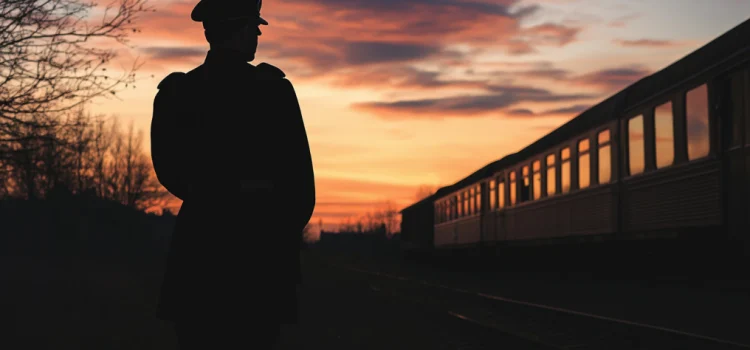 a silhouette of a Nazi officer watches as a train pulls away as the sun sets