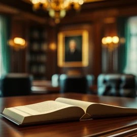 an open book lying on a desk in a government official's office with a conference table and a portrait in the background