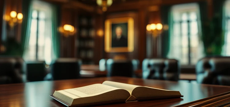 an open book lying on a desk in a government official's office with a conference table and a portrait in the background