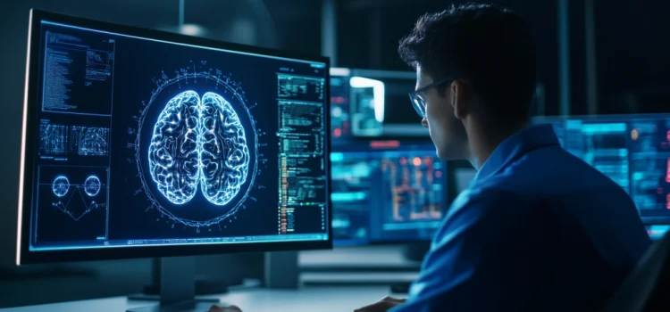 a tech developer working at a computer with a depiction of a human brain on the screen illustrates the potential of AI