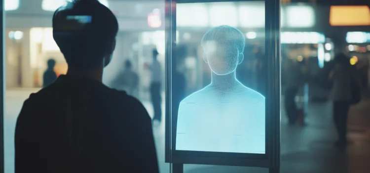 a man looking into a mirror with an undefined reflection illustrates the concept of anatta in Buddhism