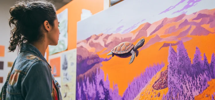 a woman looking at a painting of a turtle flying over orange mountains and purple trees illustrates the art of being wrong