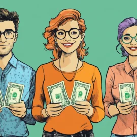 cartoon drawing of three people each holding two dollars illustrates Thomas Piketty's inequality of wealth solutions