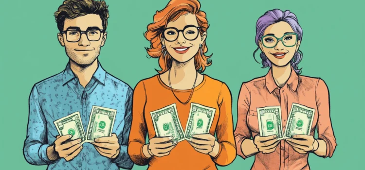 cartoon drawing of three people each holding two dollars illustrates Thomas Piketty's inequality of wealth solutions