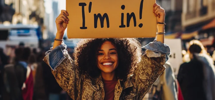 a smiling woman on a city street holding a sign that says "I'm in!" illustrates that people are susceptible to influence