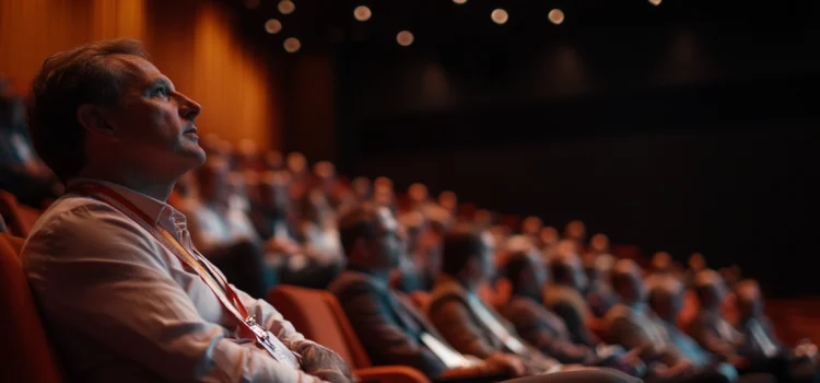 A confident stakeholder in an auditorium at a shareholders' conference