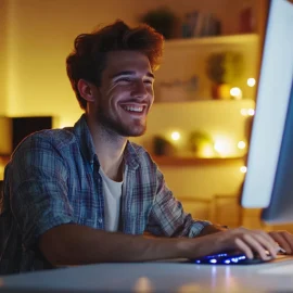 a smiling young bearded man working at a desktop computer in a home office at night illustrates how to start writing online