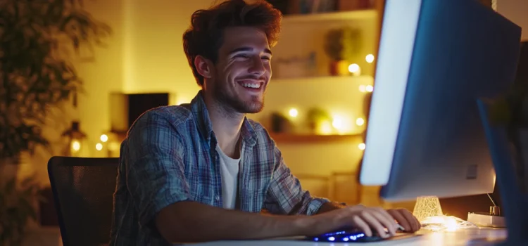 a smiling young bearded man working at a desktop computer in a home office at night illustrates how to start writing online