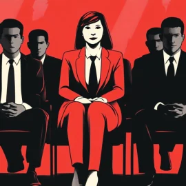 A woman in a red suit personifying differentiation in business against men in black suits