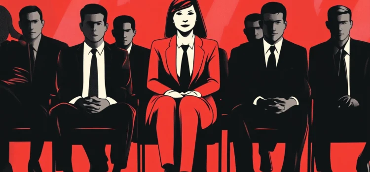 A woman in a red suit personifying differentiation in business against men in black suits