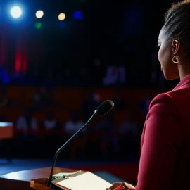 A woman gathering information and taking notes in a debate