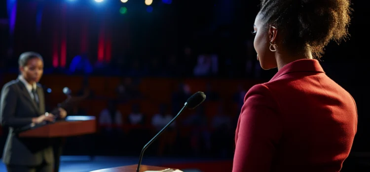 A woman gathering information and taking notes in a debate