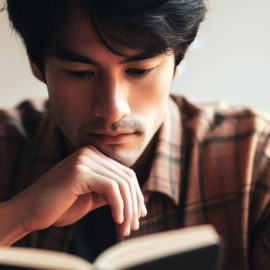 a young dark-haired man wearing a plaid shirt thoughtfully reads a book he's holding