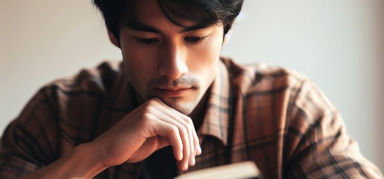 a young dark-haired man wearing a plaid shirt thoughtfully reads a book he's holding