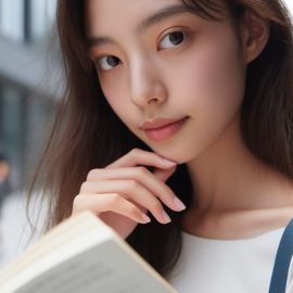 a woman standing outside of a building in a city is looking up from an open book in a thoughtful manner