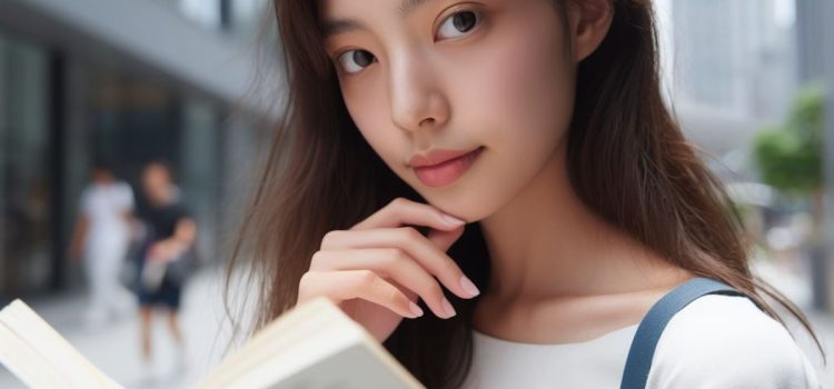 a woman standing outside of a building in a city is looking up from an open book in a thoughtful manner