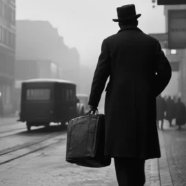 a traveling salesman in a coat and hat in 1930s Germany walking along a road in the business district of a town