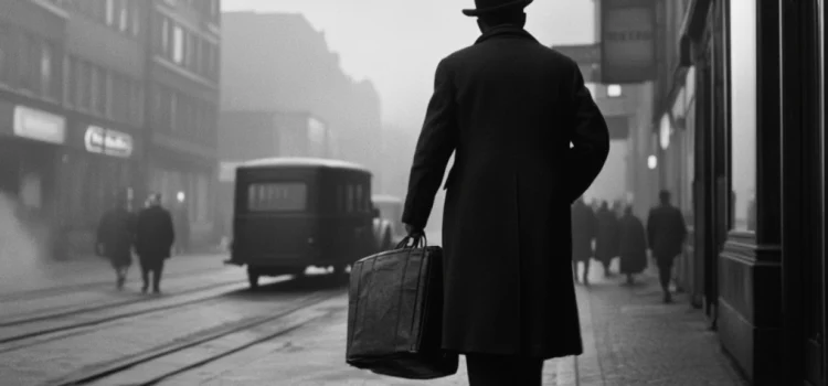 a traveling salesman in a coat and hat in 1930s Germany walking along a road in the business district of a town