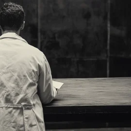 A black and white photo of a man in a lab jacket standing at a wooden desk with paperwork