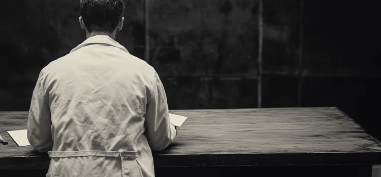 A black and white photo of a man in a lab jacket standing at a wooden desk with paperwork