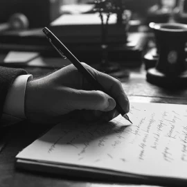 A black and white photo of a hand writing on paper on a wooden desk