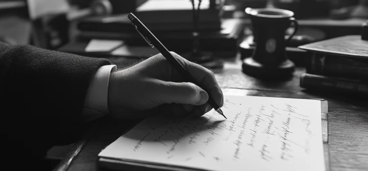 A black and white photo of a hand writing on paper on a wooden desk